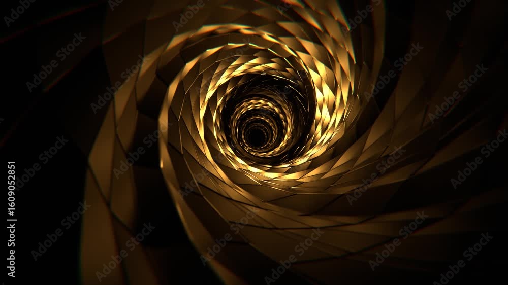 Poster abstract spiral tunnel of golden geometric shapes converging into a dark center, creating a sense of