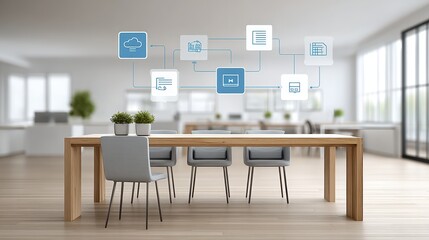 Collaborative Workspace with Floating Icons in Modern Environment