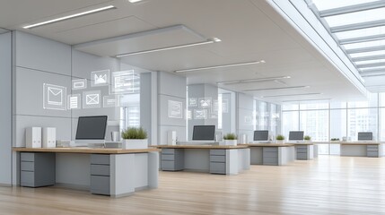 Modern High-Tech Workspace with Clean Desks and LED Lighting