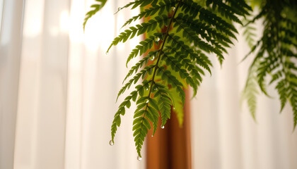 Close-up of hanging fern leaves with water droplets, soft backlight filtering through sheer curtains, photorealistic focus on texture 2