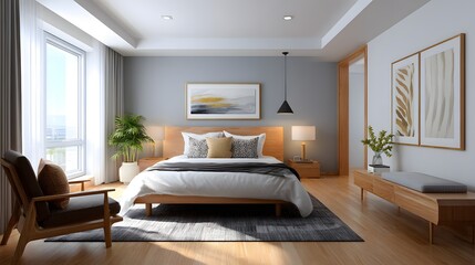 Fototapeta premium Modern Interior Design of a Spacious Bedroom with Natural Light and Elegant Decor