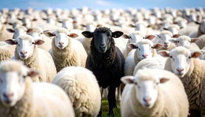 A lone black sheep amidst a large flock of white sheep