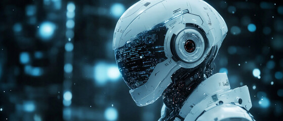 A futuristic robot with a digital interface, useful for articles on technology and innovation.