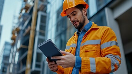 Man in orange overalls and helmet using a tablet at a construction site. Useful for articles about construction and technology.