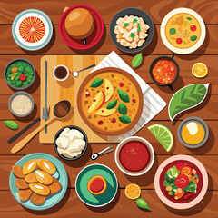 Colorful Array of Diverse Dishes on a Wooden Tabletop