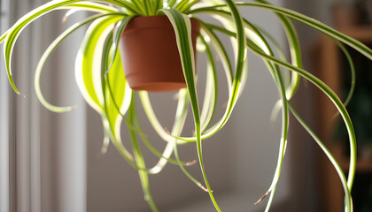 Detailed close-up of hanging spider plant with arching green-and-white leaves, sunlight softly illuminating the edges 2