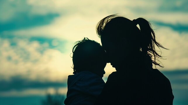 Mother and child silhouette standing together, symbolizing the unbreakable bond and nurturing love between a parent and their offspring, capturing the essence of family unity and emotional connection.