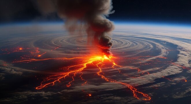 Volcanic eruption on a swirling planet, seen from space