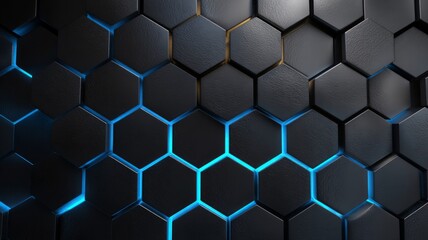 Metallic hexagonal pattern with blue glow. AI image