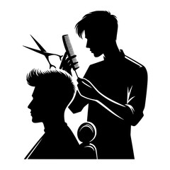 Silhouette of a barber cutting a client s hair with scissors and comb