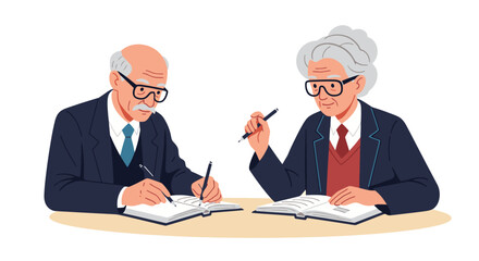 Elderly Professor couple writing notes together in a shared journal for legacy or estate planning