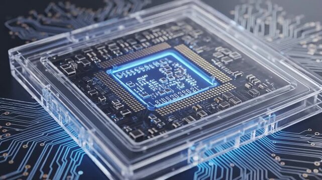 Close up of a computer chip with blue light and intricate circuit board patterns in clear casing