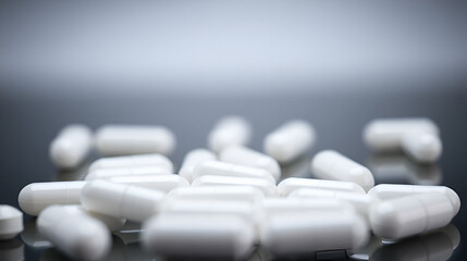 Closeup of white medicinal capsules arranged against a soft focus background :
