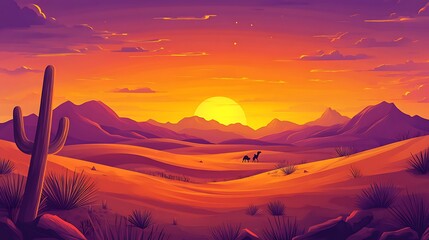 sunset over desert landscape with camels walking across golden dunes for tranquil journey scene warm glow peaceful nature timeless beauty harmony concept.