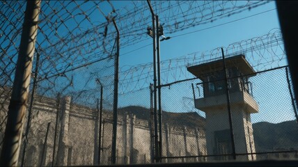 Guard tower behind rusty fence with barbed wire. AI image