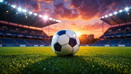 Fototapeta premium Black and white soccer ball rests on a green stadium field, ready for a competitive game under the sky