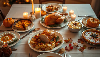 Flat lay of Thanksgiving dinner table with roasted turkey, mashed potatoes. Warm lighting, cozy autumn vibe 2