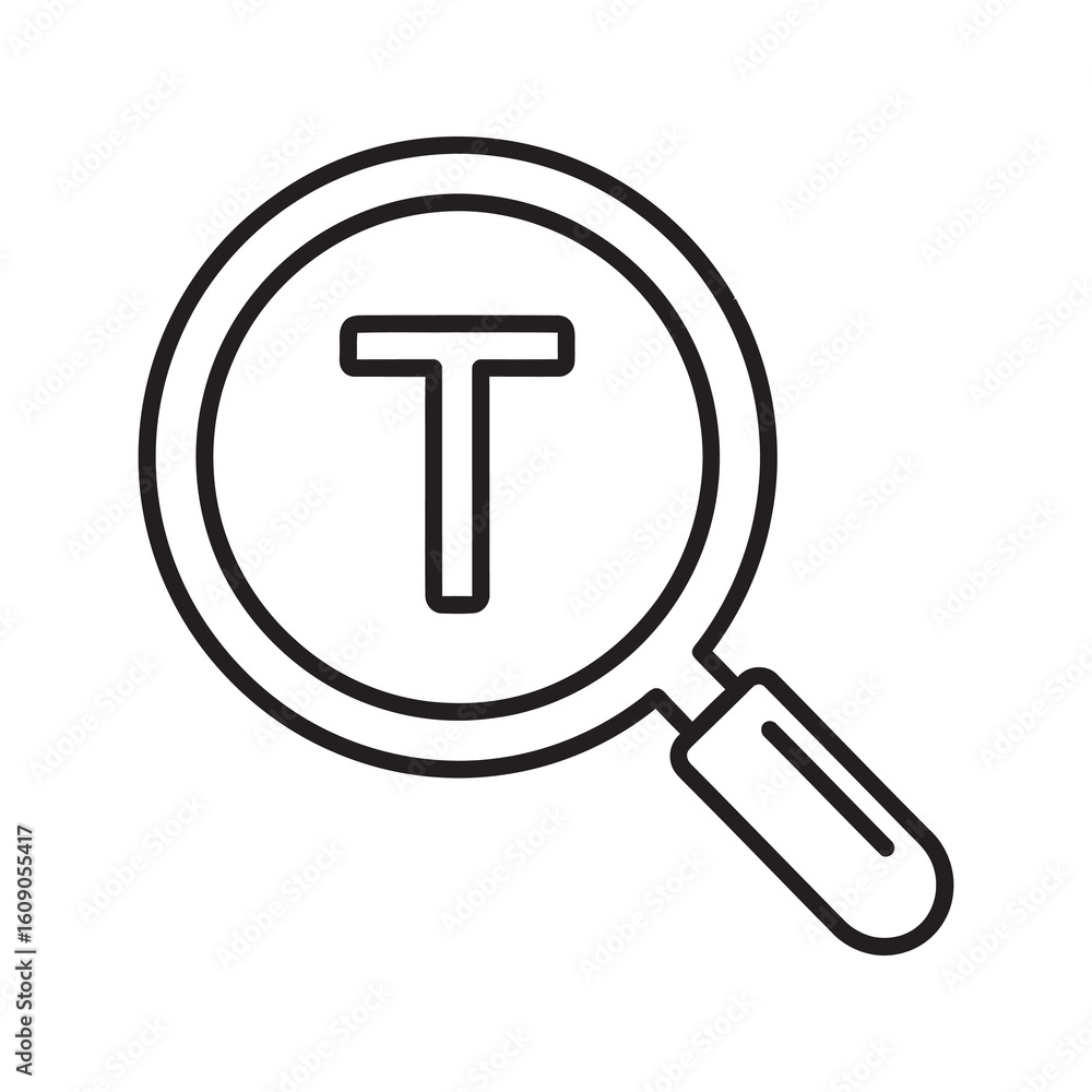 Poster text search icon with magnifying glass for keyword research and content analysis showing document fi