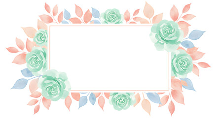 Naklejka premium Floral Watercolor Frame with Mint Roses and Pink Leaves on Black