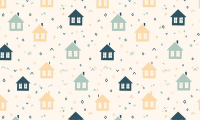 A cute and simple seamless pattern featuring stylized houses in a clean grid layout