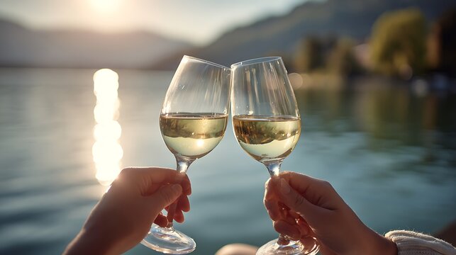 Two people clinking white wine glasses with calm lake background soft light peaceful celebration intimate outdoor moment