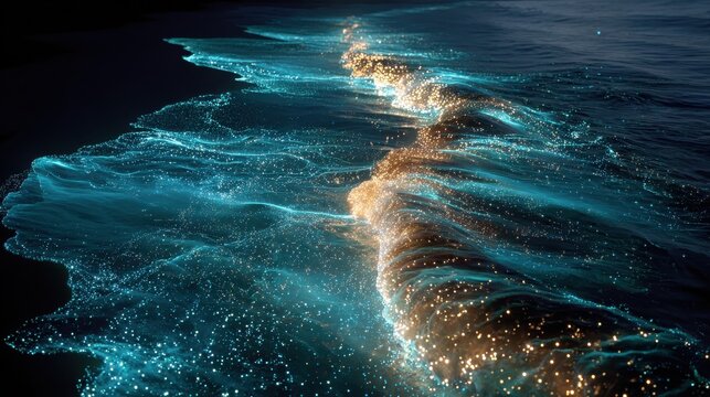 Blue bioluminescent plankton in midnight ocean, ideal for marine science posters, fantasy digital art, and ecological awareness designs.