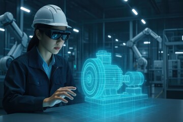 A skilled engineer utilizes augmented reality to interact with a holographic motor design in a modern industrial setting showcasing future technology applications.