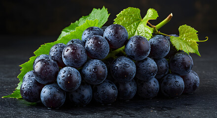 A luscious bunch of ripe black grapes with green leaves, glistening on a dark stone background.