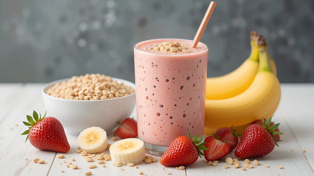 oatmeal smoothie with strawberries and bananas, boiled cereals and healthy food. Vector illustration. - Powered by Adobe