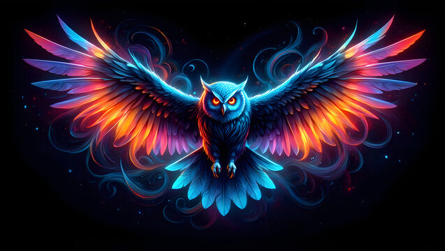 Mystical Neon Owl with Glowing Crystals, Colorful abstract fractal butterfly Owl glowing with blue energy, a swirling design of light and Owls - Powered by Adobe