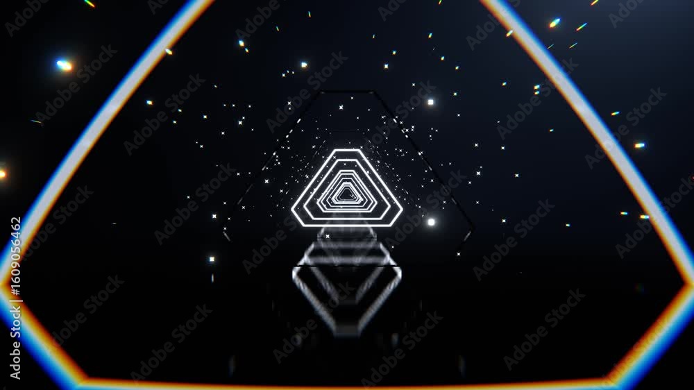 Poster a glowing hexagonal tunnel of light travels through a dark, starry void with reflections.