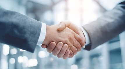 Two professionals shaking hands in bright office symbol of partnership successful teamwork and modern business cooperation background
