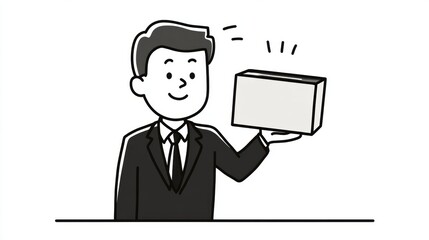 Cartoon Con Artist Showcasing a Fake Product Box in a Business Setting During Daytime Activities
