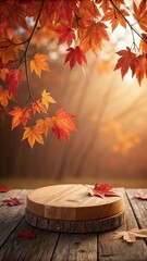 Empty wooden podium surrounded by vibrant autumn leaves and soft sunlight