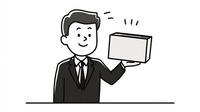 Cartoon Con Artist Showcasing a Fake Product Box in a Business Setting During Daytime Activities