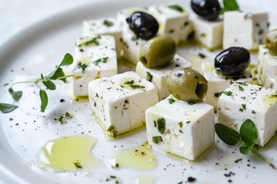 Marinated feta with olives on plate. AI generated - Powered by Adobe
