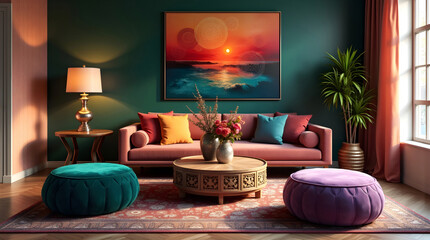 Contemporary living room with sunset ocean painting and plush salmon sofa against teal wall