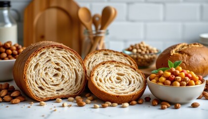 a close up of whole grain bread nuts and legumes arranged as rich magnesium food choices clean and inviting kitchen scene