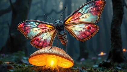 Giant fantasy moth with translucent, neon-patterned wings resting on a glowing mushroom in an enchanted woodland 2
