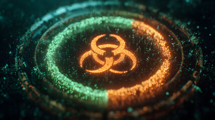 Futuristic Biohazard: Glowing Symbol with DNA Patterns and Digital Particles in Green-Orange Gradients