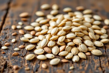 Obraz premium a macro shot of pumpkin seeds spilled on rustic wood with emphasis on their magnesium content popular superfood