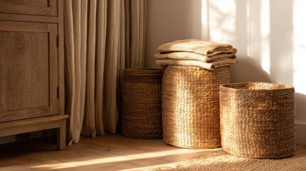 Fototapeta premium Cozy interior scene featuring woven baskets and folded blankets in warm sunlight