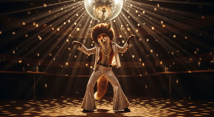 A stylized fox in disco attire dancing in a dimly lit nightclub setting.