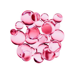 Abstract molecule structure with glass spheres. 3D rendering of a liposome or cell with encapsulated vitamins like retinol for an anti-aging serum. Skincare and dermatology science background.
