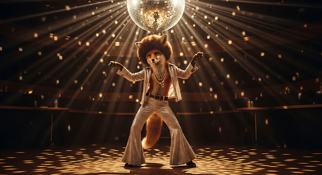 A stylized fox in disco attire dancing in a dimly lit nightclub setting.