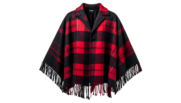Stylized red and black plaid poncho with fringe on dark background display fashionably isolated on solid white background Png form