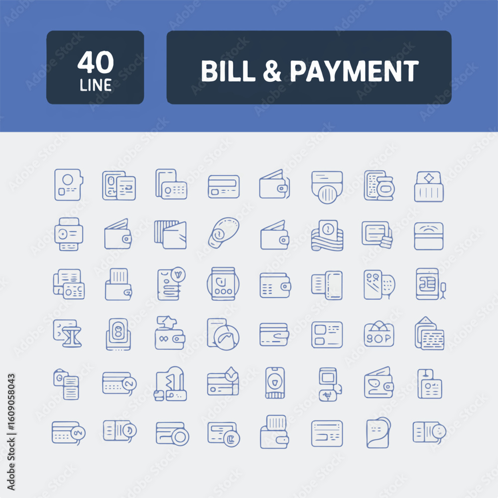 Poster a set of 40 line art icons arranged in 8 rows against a white background with a dark blue header.