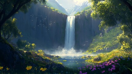 serene waterfall landscape with cascading water and lush greenery for tranquil nature scene digital painting peaceful visual harmony concept.