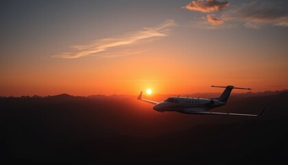 Glowing dusk scene with small private jet silhouetted above mountain peaks, freedom and luxury concept 2