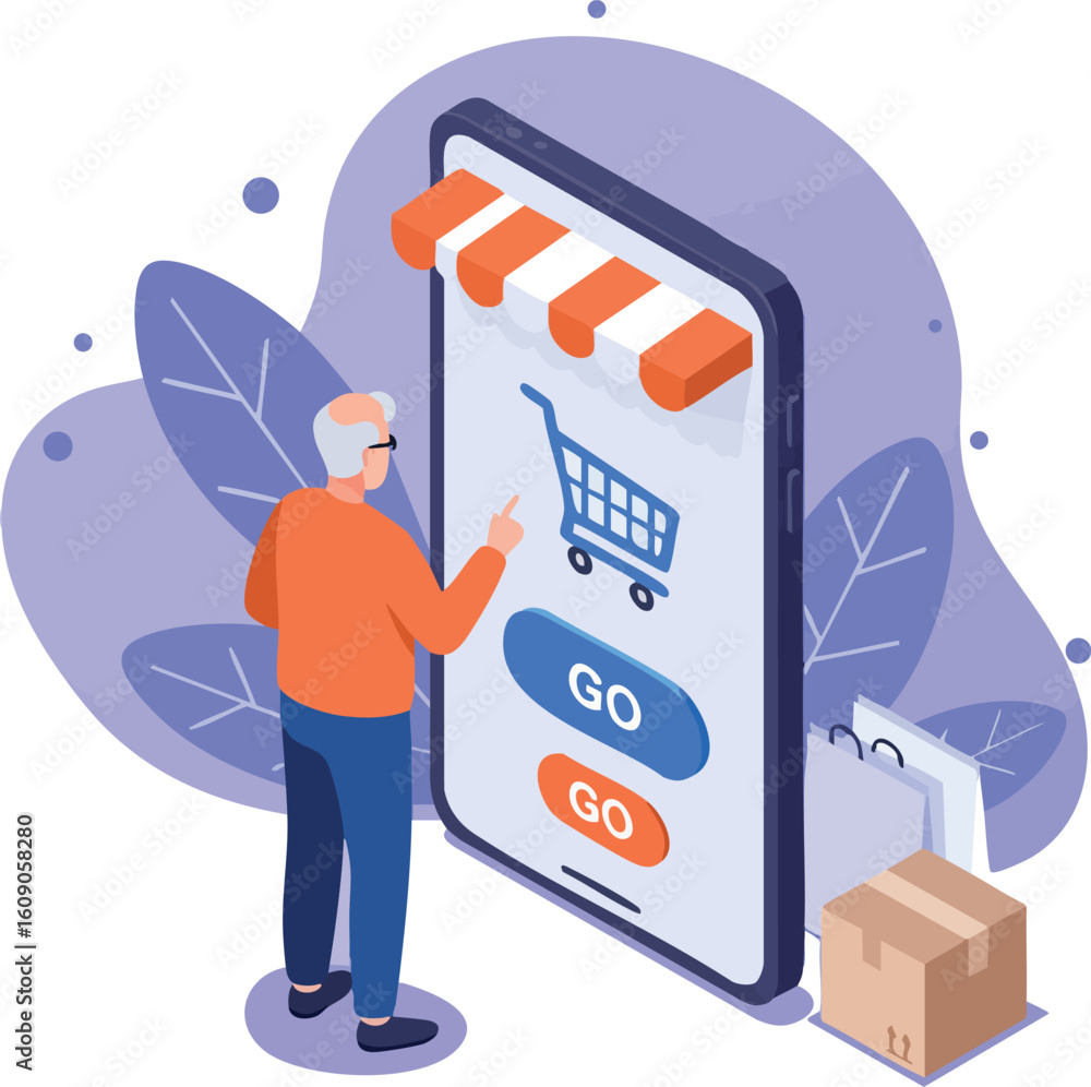 Poster senior man using mobile phone for online shopping with shopping cart icon and delivery boxes vector 